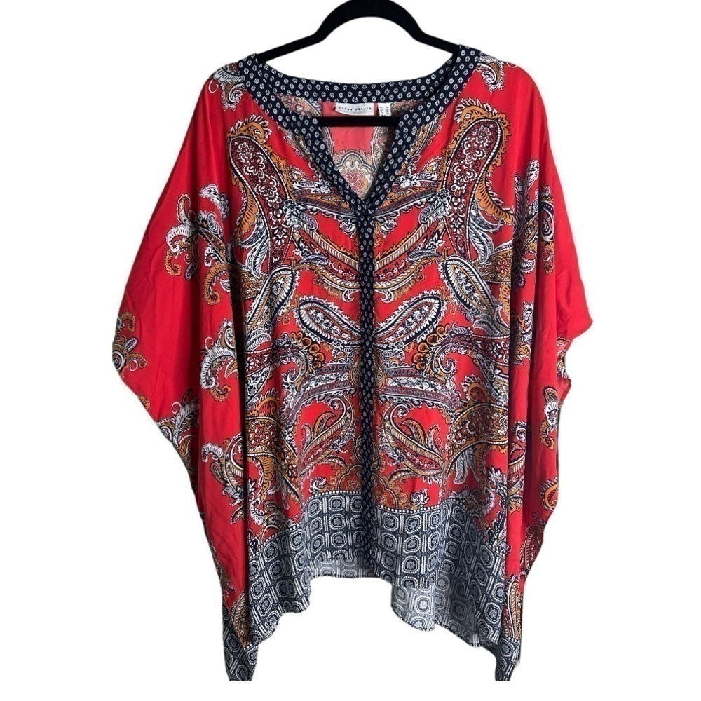 SUSAN GRAVER RED/NAVY PAISLEY PRINT V-Neck  PULLOVER SIZE 1X